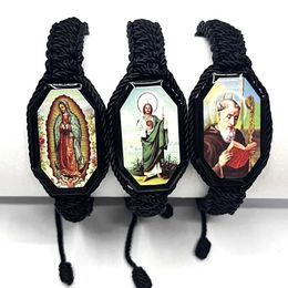 12 piezas de hilo negro San Judas la Virgen María leyendo anciano gotas de aceite astillas de madera pulsera tejida a mano doble 240109