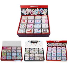 12 stuks / partij Draagbare Mini Metalen Tin Box Meerdere Patroon Afdrukken Mac Make-up Sieraden Pil Opslag met Deksel Gift Verpakking 210914