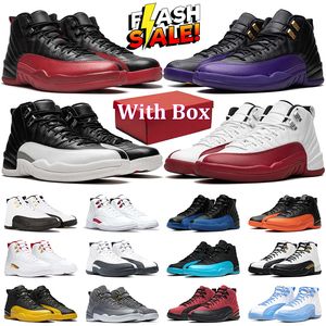 Con Box 12s Cherry Men Basketball Shoes 12 Field Purple Stealth Royalty Twist University Juego de oro Royal Mens Trainer deportivo