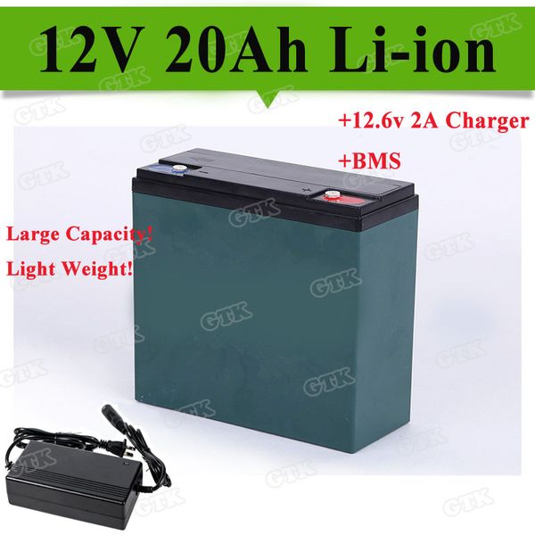 Batterie au lithium rechargeable pour scooter électrique 12 V 20 Ah avec BMS pour vélo électrique Chariot de golf avec moteur 12 V 200 W + chargeur