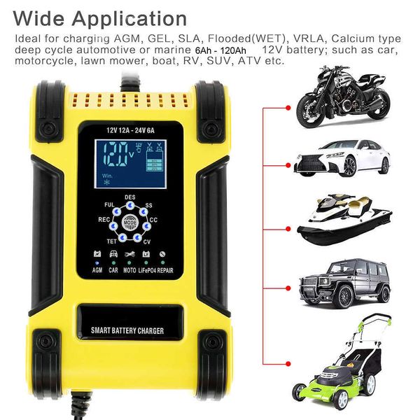 Cargador de batería automático de 12V, 24V, 12A, cargador de batería de coche de 7 pasos, pantalla LCD, carga inteligente, función de reparación, cargador rápido 297k