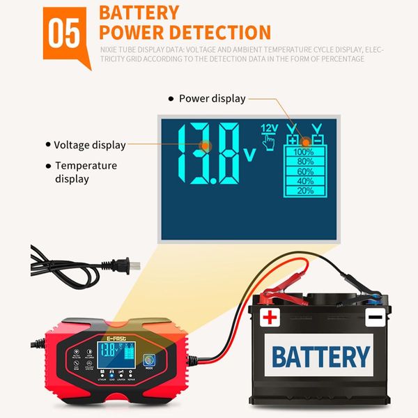 Chargeur de batterie de voiture entièrement automatique 12V-24V 8a, chargeur de réparation d'impulsions, chargeur de batterie au plomb sec et humide, charge à 7 étages, 336m