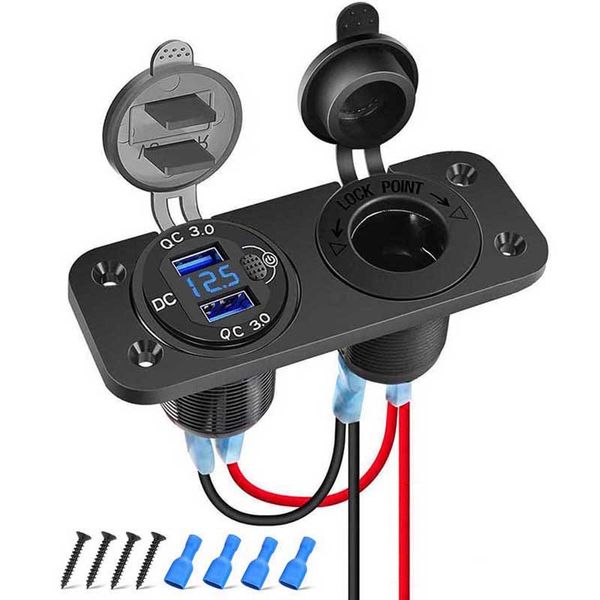 Prise allume-cigare 12V/24V Charge rapide 3.0 double prise de courant USB aluminium métal avec voltmètre pour voiture bateau marin