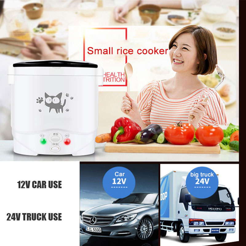 12V 24V mini riz cuiseur camion de voiture Porridge Machine de cuisson Food Steamer Chauffage Boîte à lunch Boîte de repas chauffante 1L / 2L