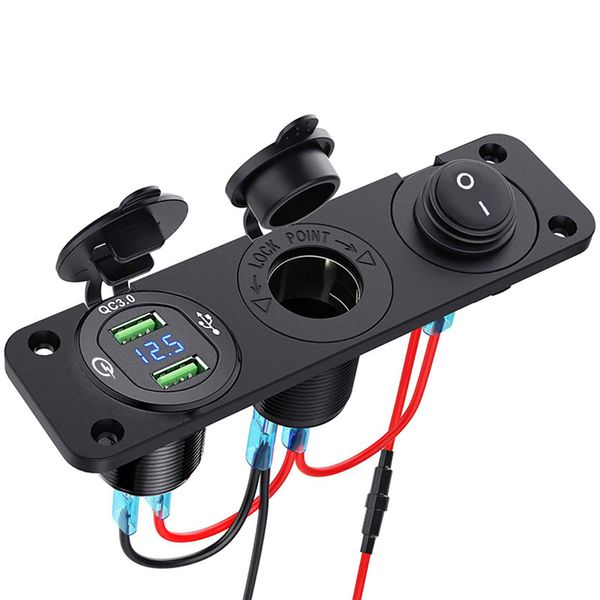 12V / 24V QC3.0 Panneau de chargeur de voiture USB Panneau en aluminium Double USB Fast Charger Socket Pustlet avec voltmètre LED pour bateau marin