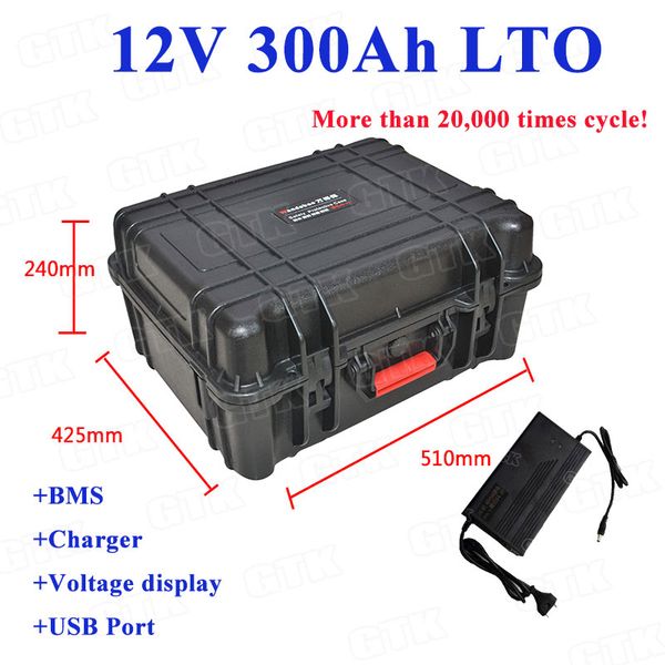 Batterie au lithium titanate 12v 300Ah 2.4v LTO avec boîtier ABS pour haut-parleur stéréo réfrigérateur port USB équipement + chargeur 10A