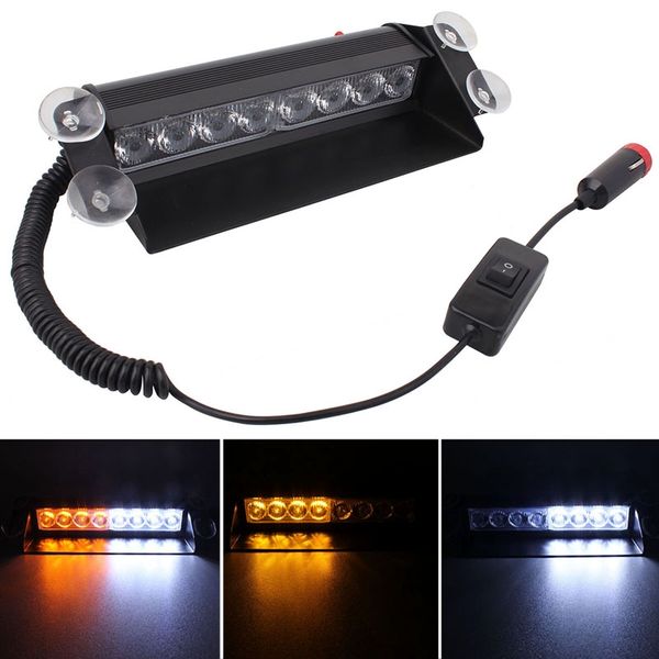 12V 8-LED Blanc + Jaune Lumière 3-Modes Angle Réglable De Voiture Flash Stroboscopique Dash Voyant D'urgence Lampe D'avertissement avec Ventouse