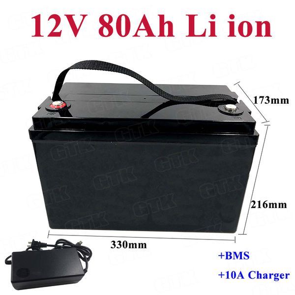 Batterie au lithium Li ion 12V 80Ah rechargeable avec BMS pour système d'énergie solaire à énergie solaire chariot élévateur électrique + chargeur 10A