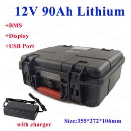 12V 90Ah Lithium Li Ion Batterij met USB -havenapparatuur voor Camping Light Mountain Bike Light Emergency Light+10A Charger