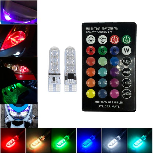 12V T10 W5W Silicone voiture RGB 5050 6SMD LED côté coin lumière dôme lampe de lecture Flash stroboscope décoration lumières télécommande