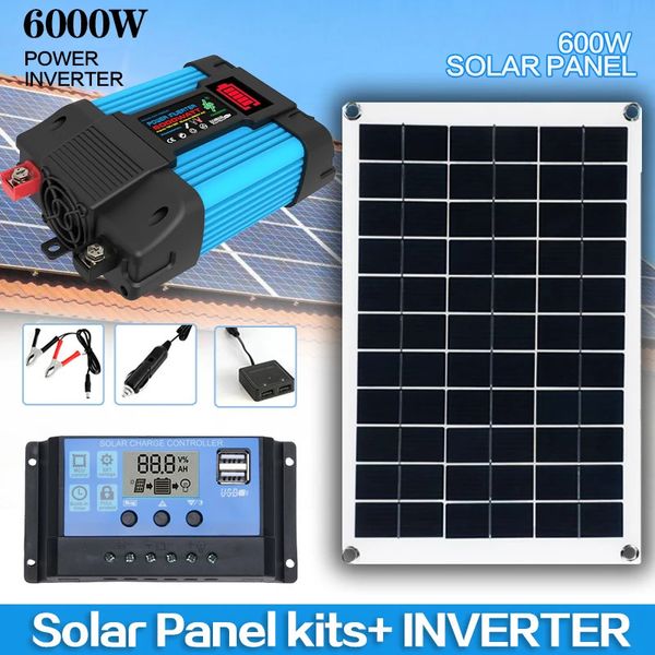 12V a 110V220V Sistema de panel solar 600W Controlador de carga de batería solar 6000W Kit inversor Generación de energía completa 240110