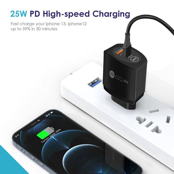 12W 18W 25W PD + USB-A Puertos duales Adaptador de cargador de pared PD rápido QC 3.0 Cargador de corriente USB para Iphone Samsung UE EE. UU. Reino Unido Enchufe Blanco Negro con bolsa OPP