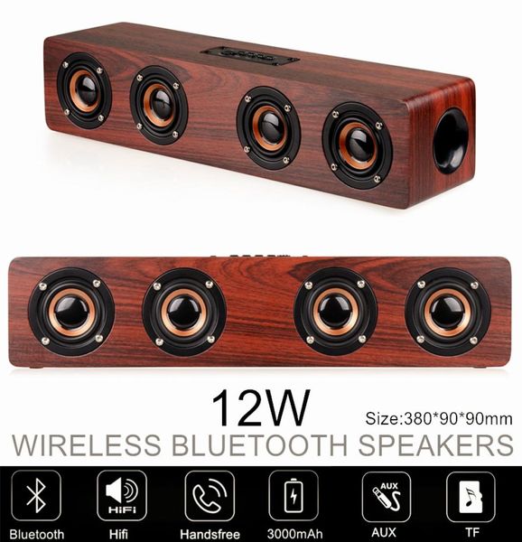 Barra de sonido inalámbrica Bluetooth de madera de 12 W, altavoces de cine en casa para TV con Bluetooth AUX TF para teléfono inteligente HDTV TVBOX computadora Tab1363184