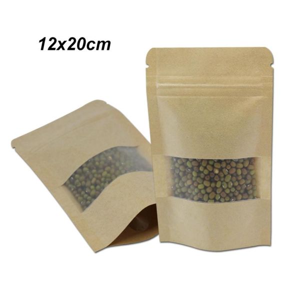 12x20 cm Stand Up Matte Kraft Paper Pouches pour Drie Fruits Noix avec fenêtre transparente Doypack auto-scellant stockage des aliments Zipper Packagi3992276