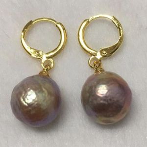 13-16mm enorme barokke South Sea Pearl Oorbellen 18K Twopin Violet Paars Mesmerizing Dangler Earbob AAA