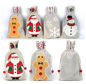 13 * 23 cm décoration de Noël cordon cadeaux sac pochette pour père noël flocon de neige bonhomme de neige renne stockage de noël toile de jute sac de fête d'anniversaire
