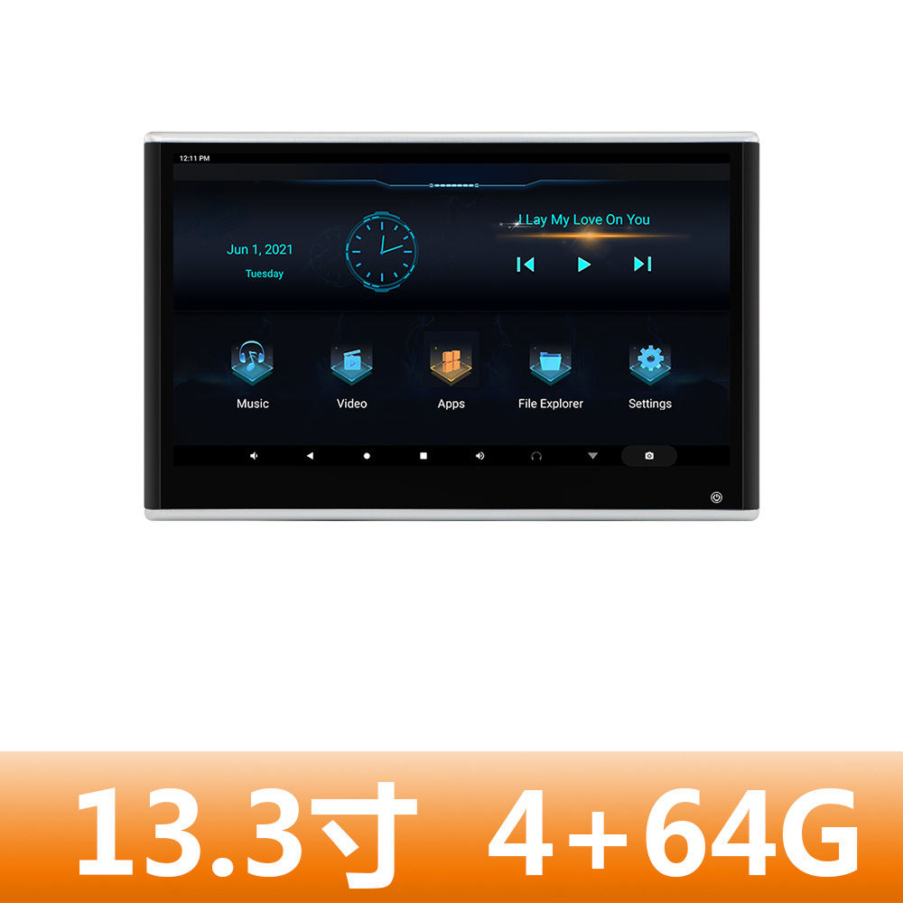 13,3 pouces Car Android External Helleptest Monitor de divertissement arrière Système de divertissement peut être un écran de projection sans fil 4 64G