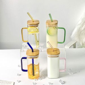 Tasses en verre à sublimation carrées de 13,5 oz avec couvercle en bambou gobelets en verre sublimés vierges en paille avec poignée colorée café cola bière boisson tasses à boire 001