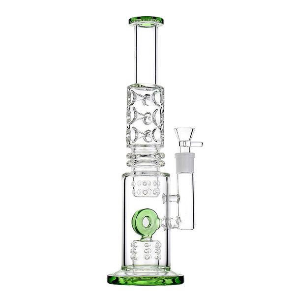 Bong de vidrio de 13,9 pulgadas con pinzas para hielo, boquilla verde, percolador Cric, junta hembra de 18 mm