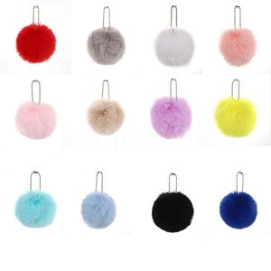 13 colores 8 cm Faux de pelota de piel de conejo Mujeres chicas de la escuela del automóvil llaves del anillo de la llave de la llave de la llave del pompo