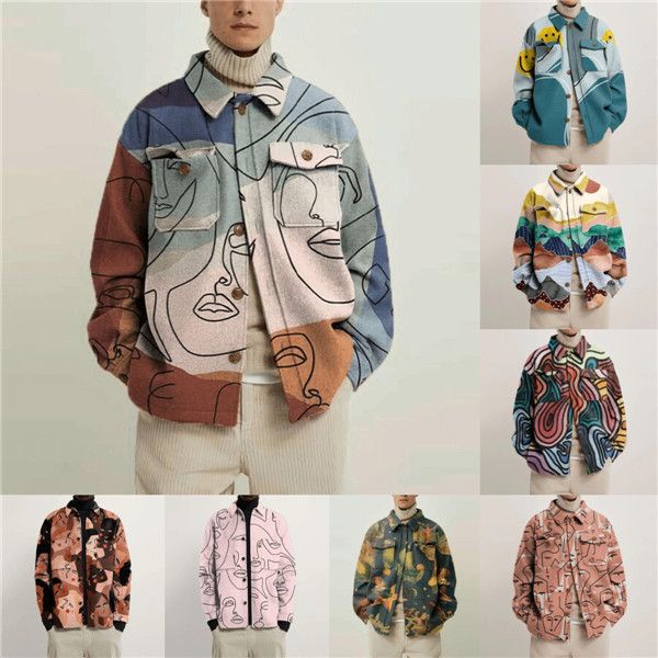 13 colores Chaquetas para hombre Solapa Tendencia Impreso Invierno Línea abstracta Camisa Costura Ropa de moda
