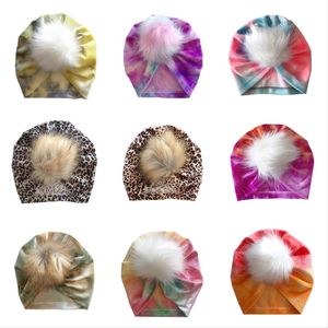 13 Kleuren Pasgeboren Peuter Tie Dye Leopard Velvet Hair Ball Caps hoed Baby Meisjes Slouchy Mutsen M2919