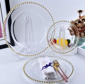 Assiette de chargement transparente de 13 pouces avec bord de perles dorées, décoration en plastique acrylique pour service de dîner, décor de fête de mariage et de noël