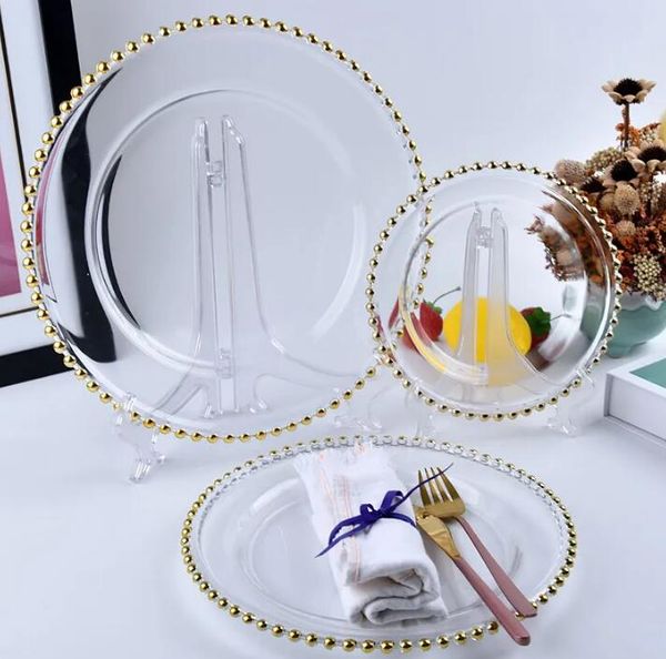 Assiette de chargement transparente de 13 pouces avec bord de perles dorées, décoration en plastique acrylique pour service de dîner, décor de fête de mariage et de noël