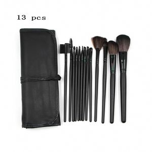 13 pièces ensemble de pinceaux de maquillage professionnel avec sac manche en bois noir Kit de pinceaux cosmétiques en poils de chèvre