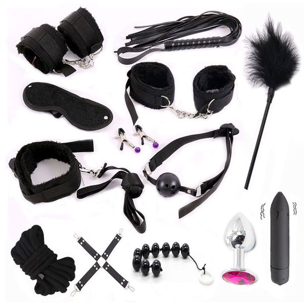 13 Pcs / set Stimuler Bondage Contraintes Nylon En Peluche BDSM Sexe Mains Fouet Métal Anal Plug Érotique Sex Toys Pour Couples Adultes J190627