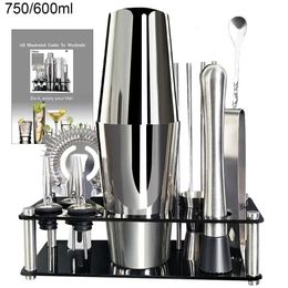 13 pièces 750 ml 600 ml de shaker cocktail Set outils de bar en acier inoxydable avec stand noire Jigger Spoon versers 240429