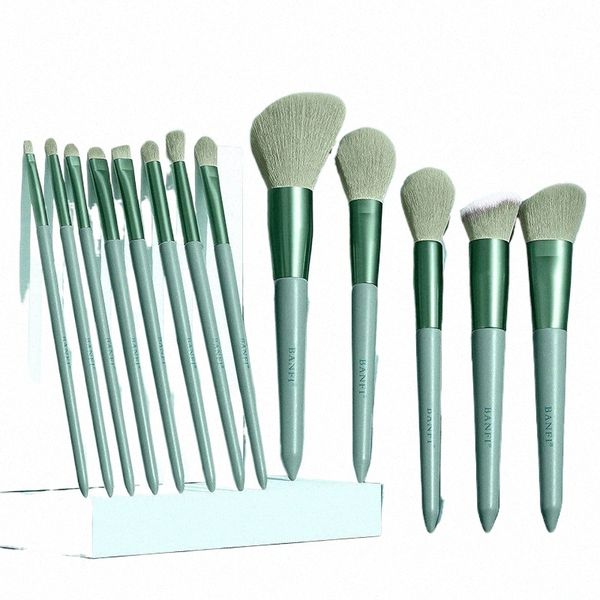 Juego de 13 brochas cosméticas, brocha verde Matcha súper suave con bolsa de tela veet, brocha de maquillaje para cabello sintético, herramienta de maquillaje L4D5 #