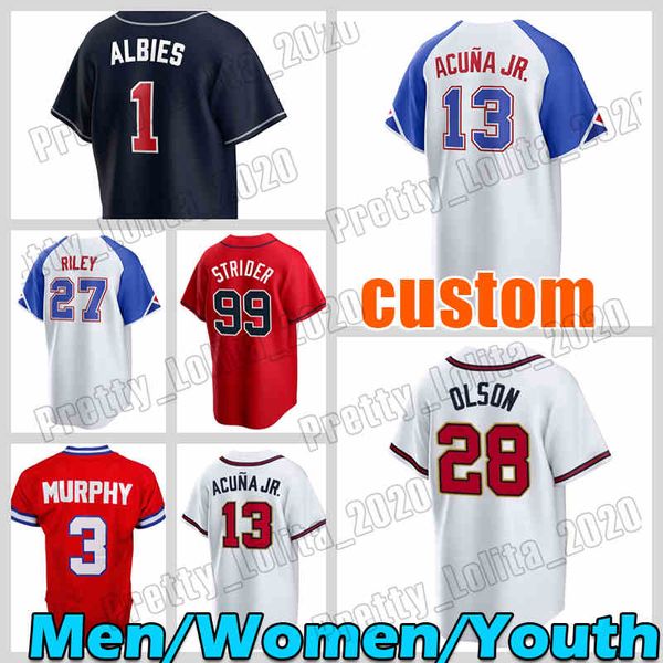 13 Ronald Acuna Jr 1 Ozzie Albies Baseball Jersey 28 Matt Olson 3 Dale Murphy 20 Marcell Ozuna Jerseys 54 Max Fried 27 Austin Riley Spencer Strider Eddie Rosario