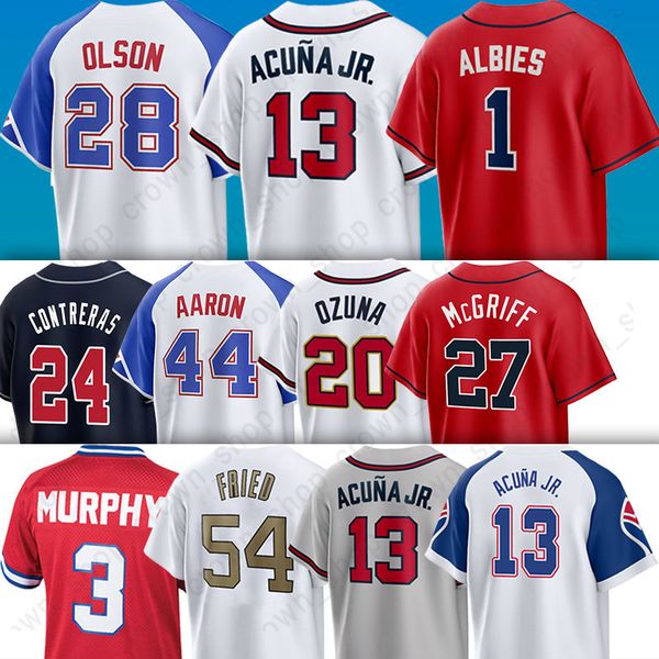 13 Maillot de baseball Ronald Acuna Jr Matt Olson Ozzie Albies Eddie Rosario Hank Aaron Marcell Ozuna Sean Murphy Austin Riley Chipper Jones Murphy Max Fried