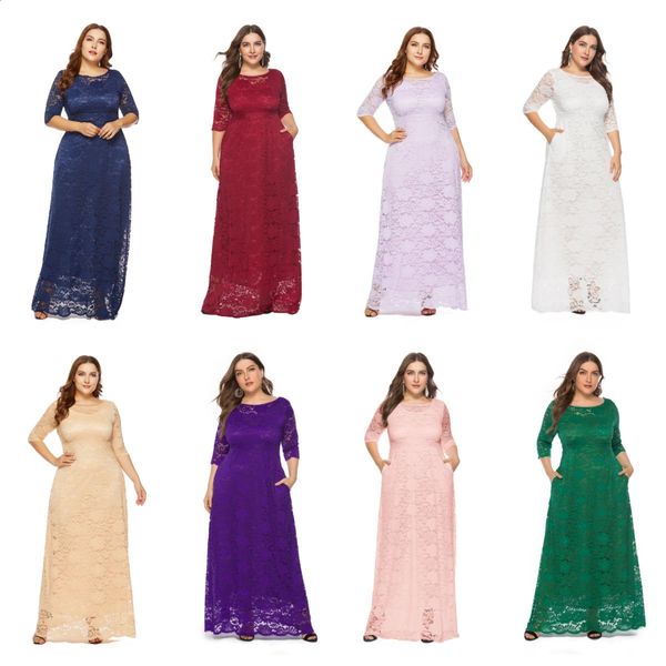 13 couleurs unies femmes dentelle robe longue grande taille XL à 6XL robes de soirée élégantes grandes tailles vêtements d'anniversaire pour fête été 240131