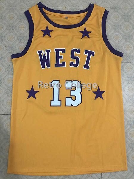# 13 Wilt Chamberlain 1972 All Star West Maillots de basket-ball jaune blanc bleu marine broderie cousue personnalisée n'importe quel nom de taille