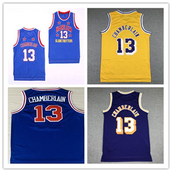 13 Wilt Chamberlain Harlem Globetrotters Film Vintage Basketball Maillots Cousu Équipe Couleur Bleu Or Violet Uniformes Hommes Taille S-XXXL