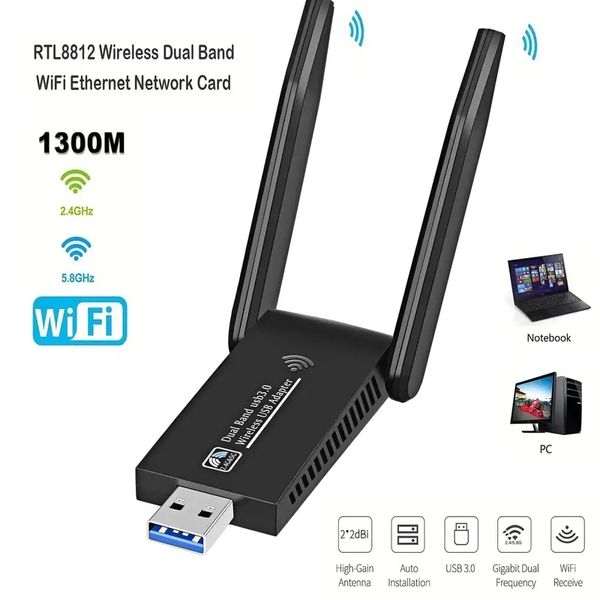 Adaptateur WiFi USB sans fil à double antenne 1300Mbps pour PC de bureau et ordinateur portable - Adaptateur WiFi 5G/2.4G pour Windows 11/10/8/8.1/7/Vista/XP - Augmentez votre vitesse et votre portée Internet