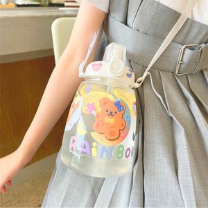 1300 ml mignon ours grande capacité bouteille d'eau avec sangle de paille en plastique portable sport transparent bouteilles de boisson pour enfants fille 220329