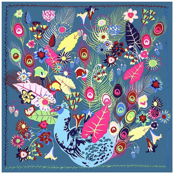 130 cm 100% Scouche de soie carrée de mode pashmina Design Peacock Feather Women châle bandana kerchief foulard fleur bandeau 240322