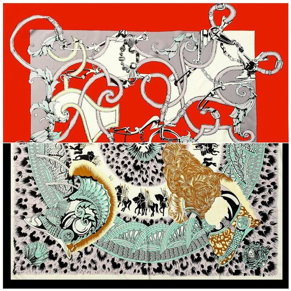 130 cm Marca Cuadrado Mujer 100% Bufanda de seda Pashmina Diseño Retro color leopardo cinturón cadena Mujer Mantón Bandana Pañuelo 240314