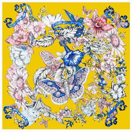 130 cm mariposa flor marca bufanda cuadrada mujer 100% bufanda de seda pashmina moda mujer chal diseño pañuelo bufanda 240321