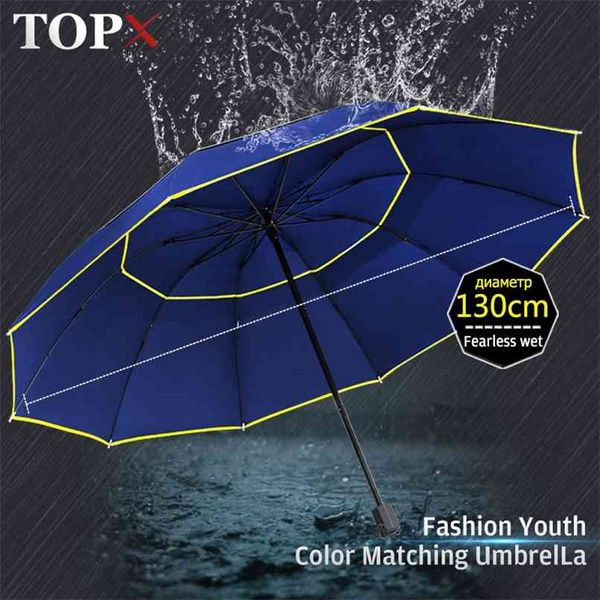 130cm Double Laye Parapluie Pluie Femmes 3Folding Forte Coupe-vent Grand Parapluie Hommes Qualité Revêtement Noir 10K Parapluies portables 210925