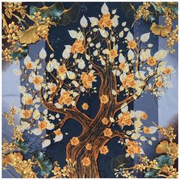 130 cm rétro Retro Tree of Life Écarpe Abricot Flower Marque Femme Femme Scouche Silk Bandanna Twill Print Châf Craquage Craquins Kerchief 240325