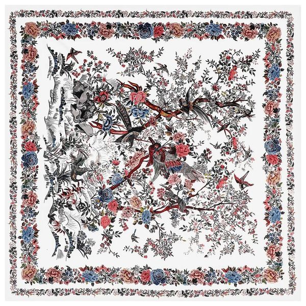 130CM Foulard en soie femmes grands châles arbre oiseaux imprimer étoles carré Bandana luxe foulard Hijab femme Foulards serviette de plage 240314