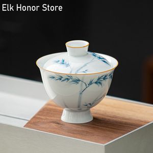130 ml de thé en porcelaine blanche Tureen en bambou peint à main