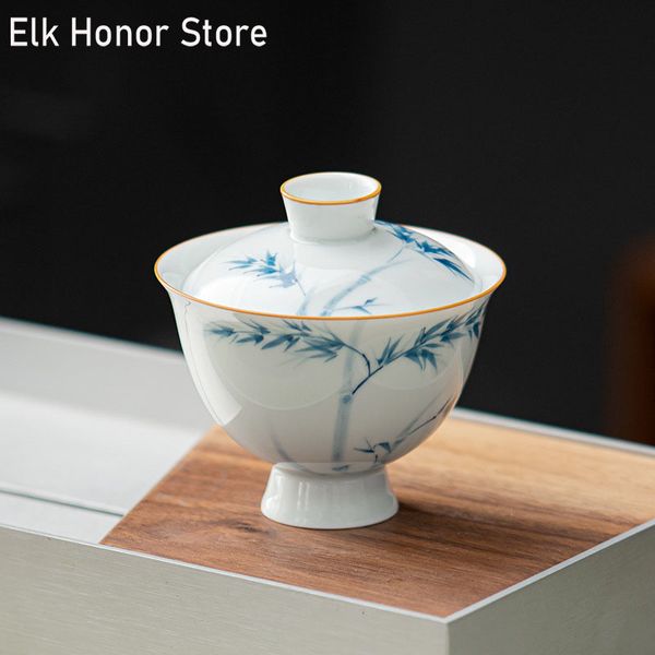 130 ml de té de porcelana blanca Tureen pintado a mano Ceramicé de cerámica Tazón chino Gaiwán con tapa Kung Fu Kung Fu