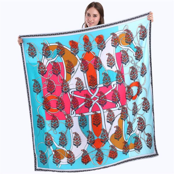 130x130cm 100% bufanda de seda de sarga para mujer pañuelo de doble caballo patrón de árbol de vida chales moda España bufandas cuadradas Pashmina femenina