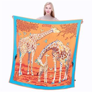 Nouveau Foulard en soie sergé femmes Animal girafe impression foulards carrés mode Wrap femme Foulard grand Hijab châle Foulard 130*130 CM