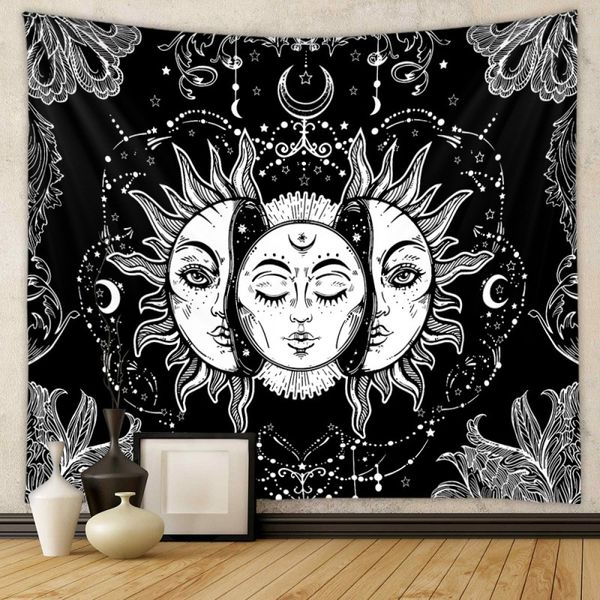 Tapiz de Mandala de 130x150cm con estampado en blanco y negro para el hogar, tapiz de tela decorativa para pared, toalla de playa colgante, manta para sentarse